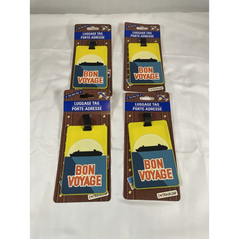 Lot of 4 Bon Voyage Luggage Tags Cruise Ship Theme Yellow Blue Travel ID Tags